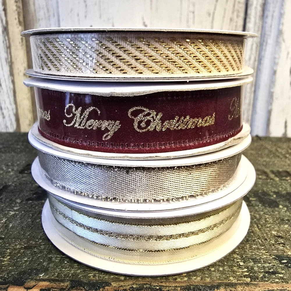 4 PC Celebrate It Christmas Ribbon Gold Burgundy‎ Victorian 3/8